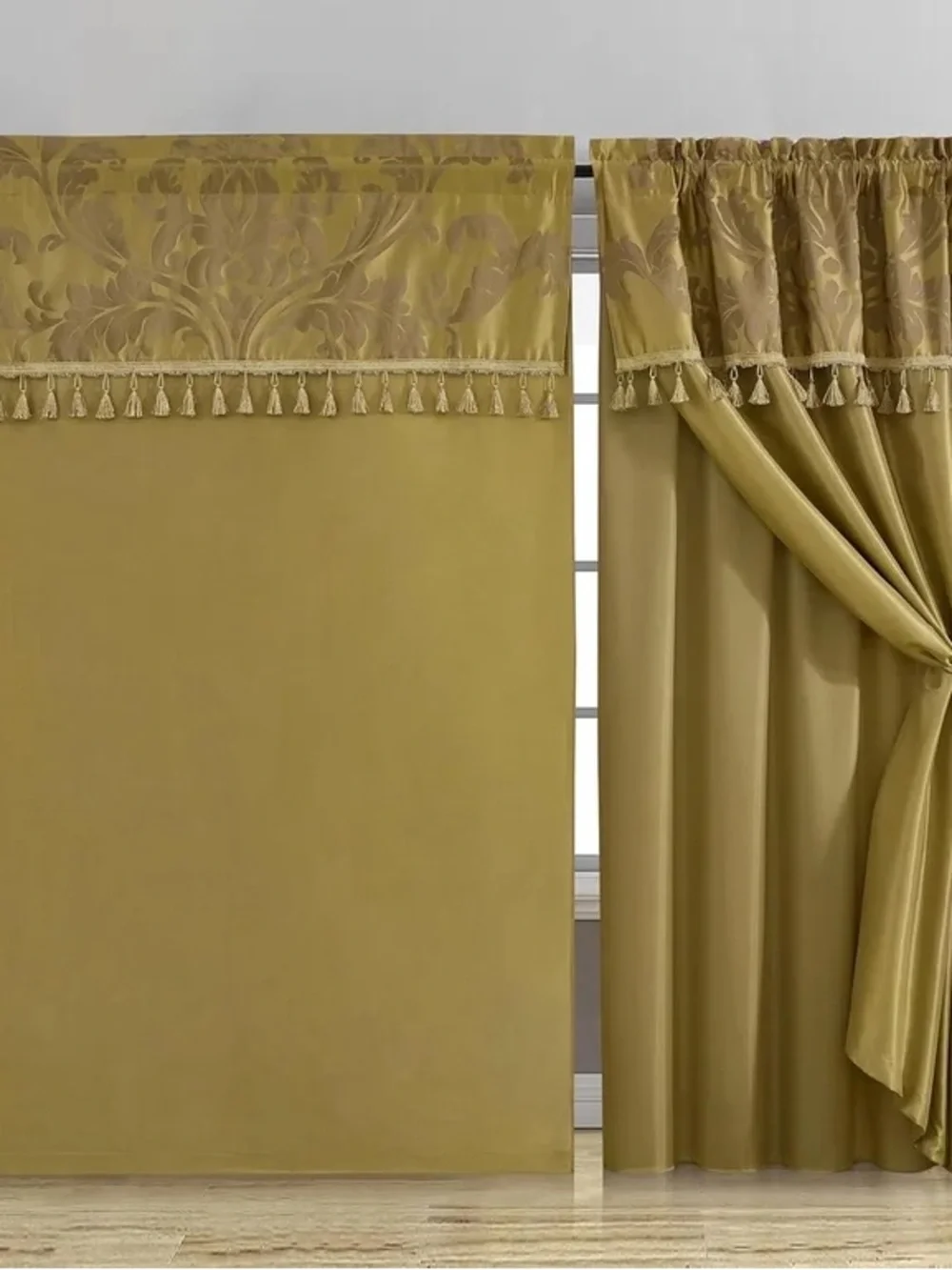 Elegant Tassel Top Valance and Drapery Panel Set in Gold